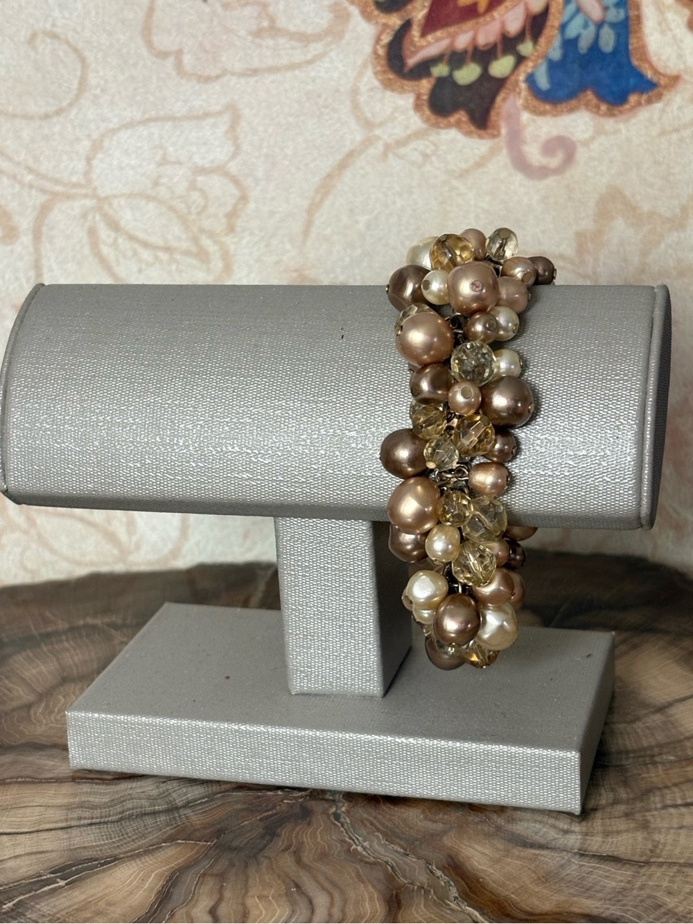 Elegant Pearl & Crystal Cluster Bracelet in Champagne